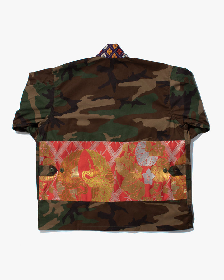 Kiriko Custom Military Jacket, Camo Patched, Circular Gold Crane