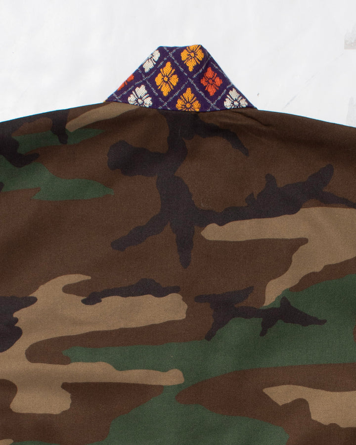 Kiriko Custom Military Jacket, Camo Patched, Circular Gold Crane