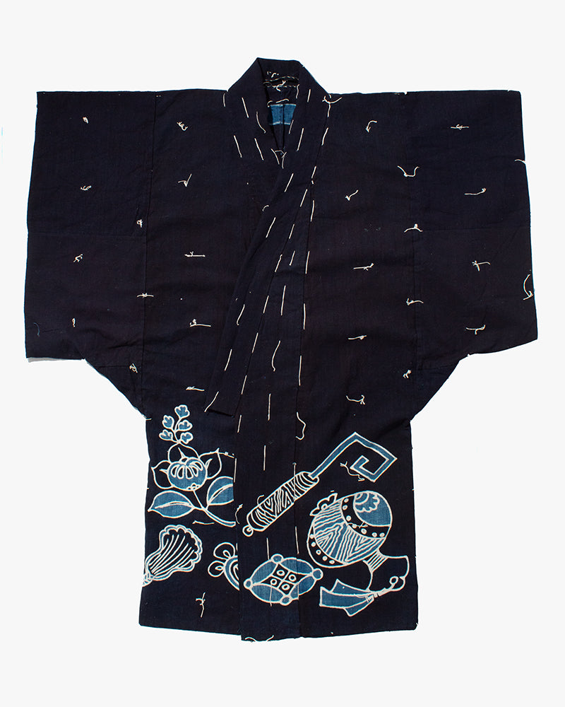 Vintage Tsutsugaki Kimono Robe, Indigo Takanoha-Mon with Floral Pattern