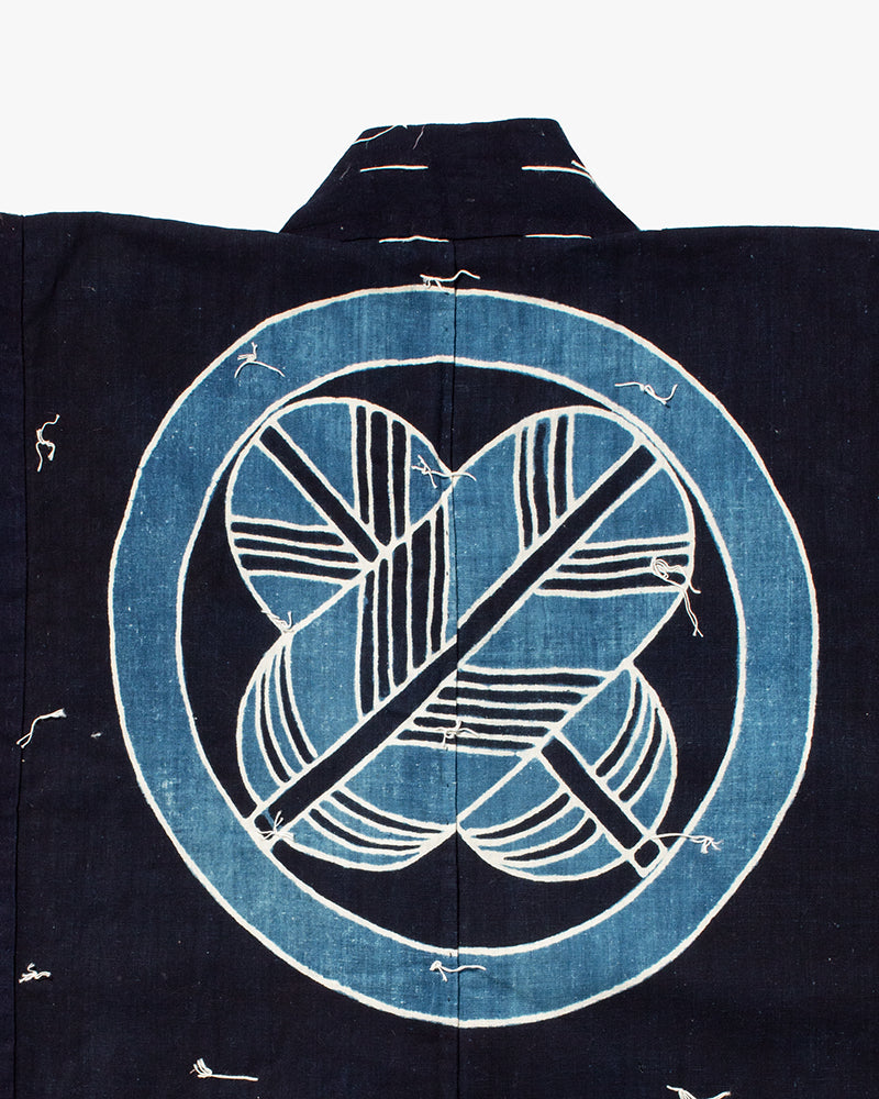 Vintage Tsutsugaki Kimono Robe, Indigo Takanoha-Mon with Floral