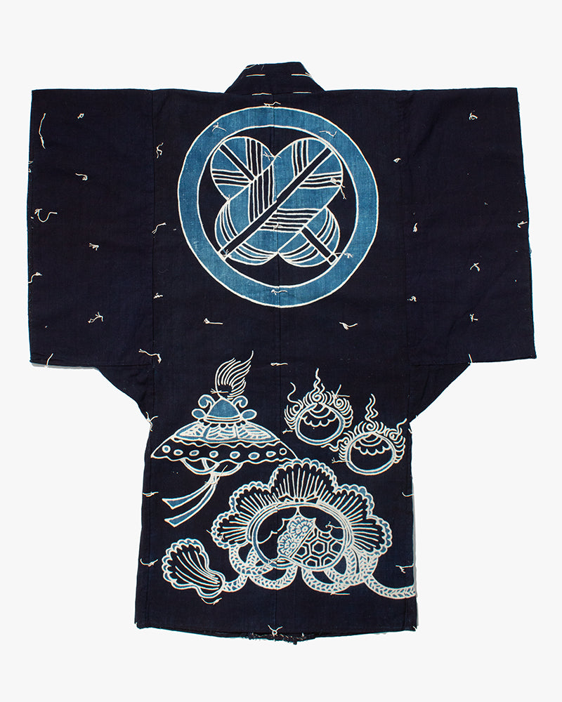 Vintage Tsutsugaki Kimono Robe, Indigo Takanoha-Mon with Floral Pattern
