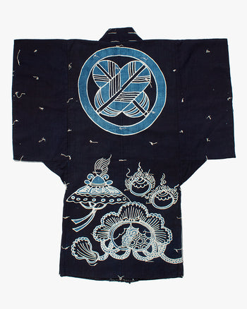 Vintage Tsutsugaki Kimono Robe, Indigo Takanoha-Mon with Floral Vintage Tsutsugaki Kimono Robe, Indigo Takanoha-Mon with Floral