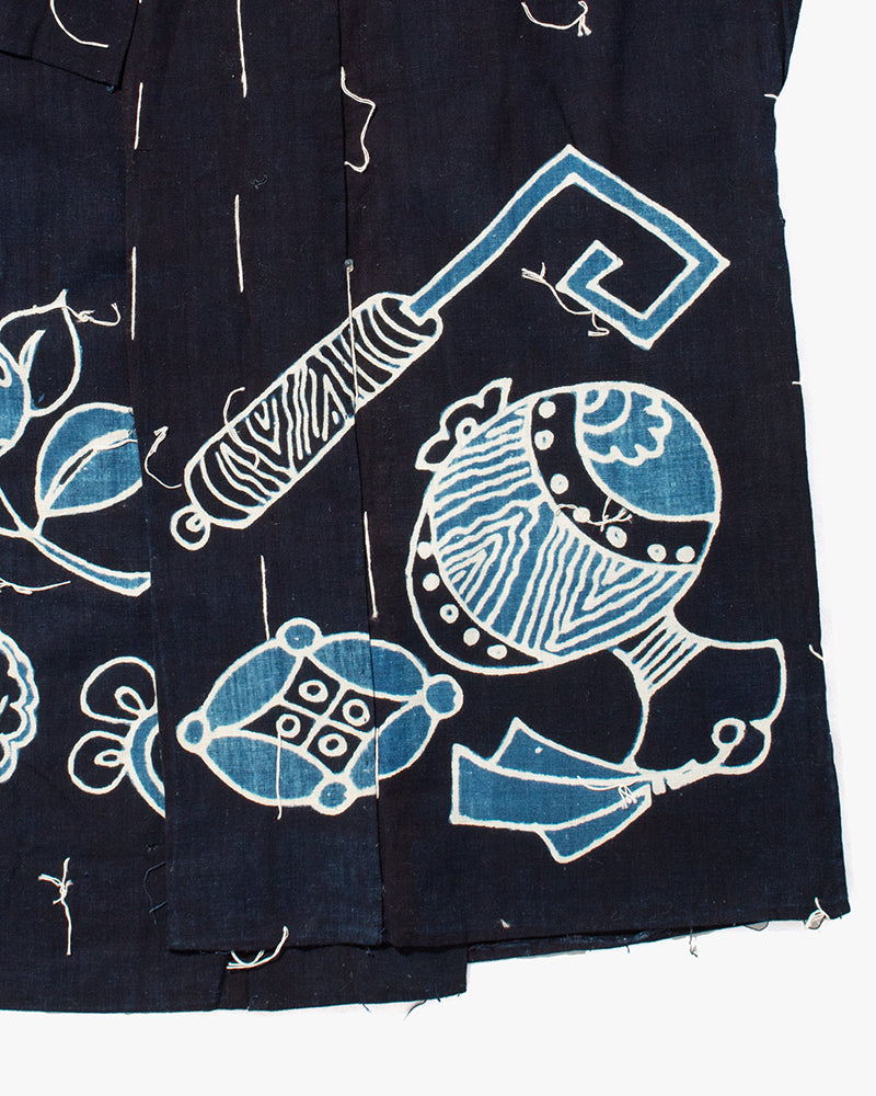 Vintage Tsutsugaki Kimono Robe, Indigo Takanoha-Mon with Floral