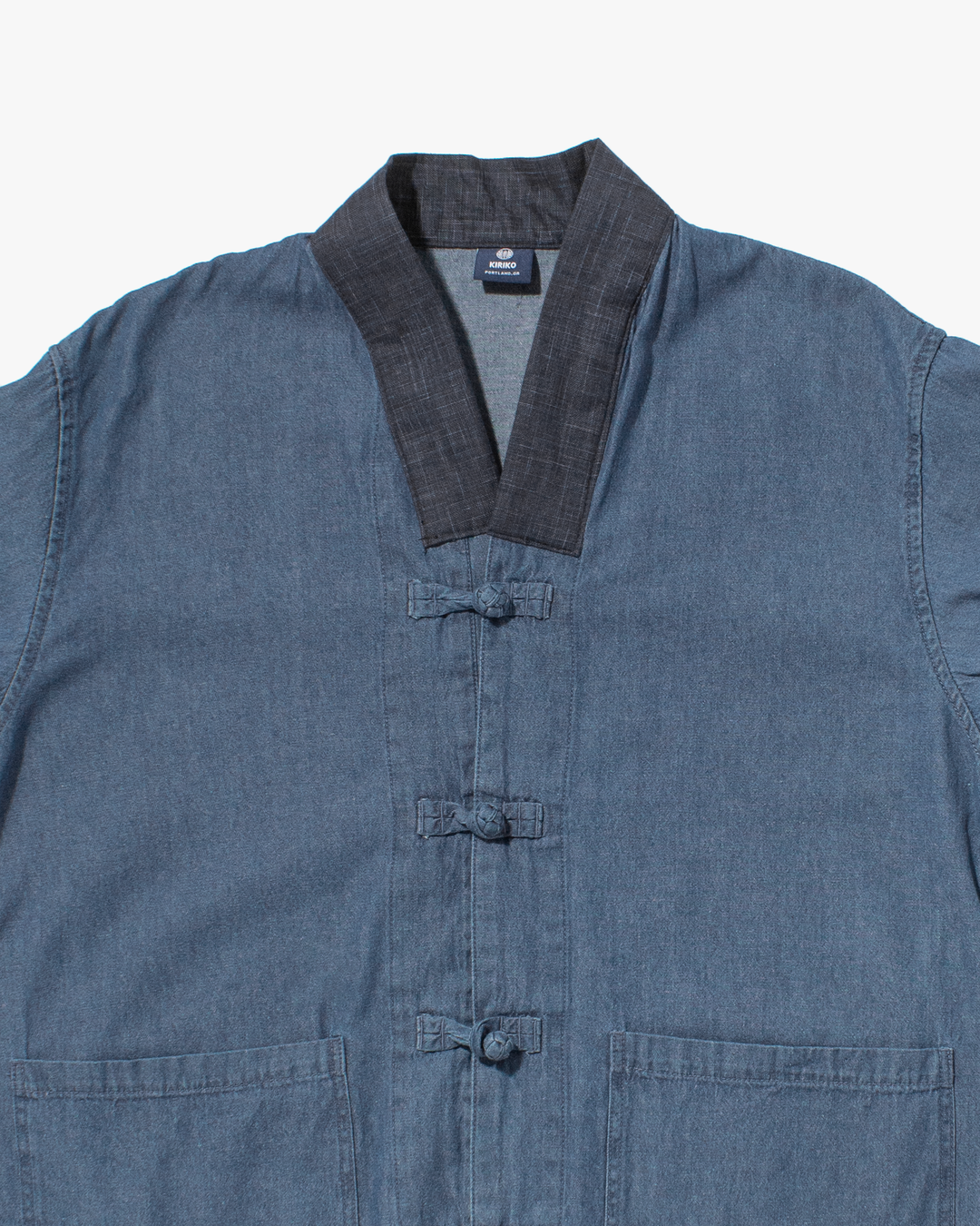 Kiriko Original Two Tone Denim Jacket, Mandarin Style, Light Indigo with Dark Indigo