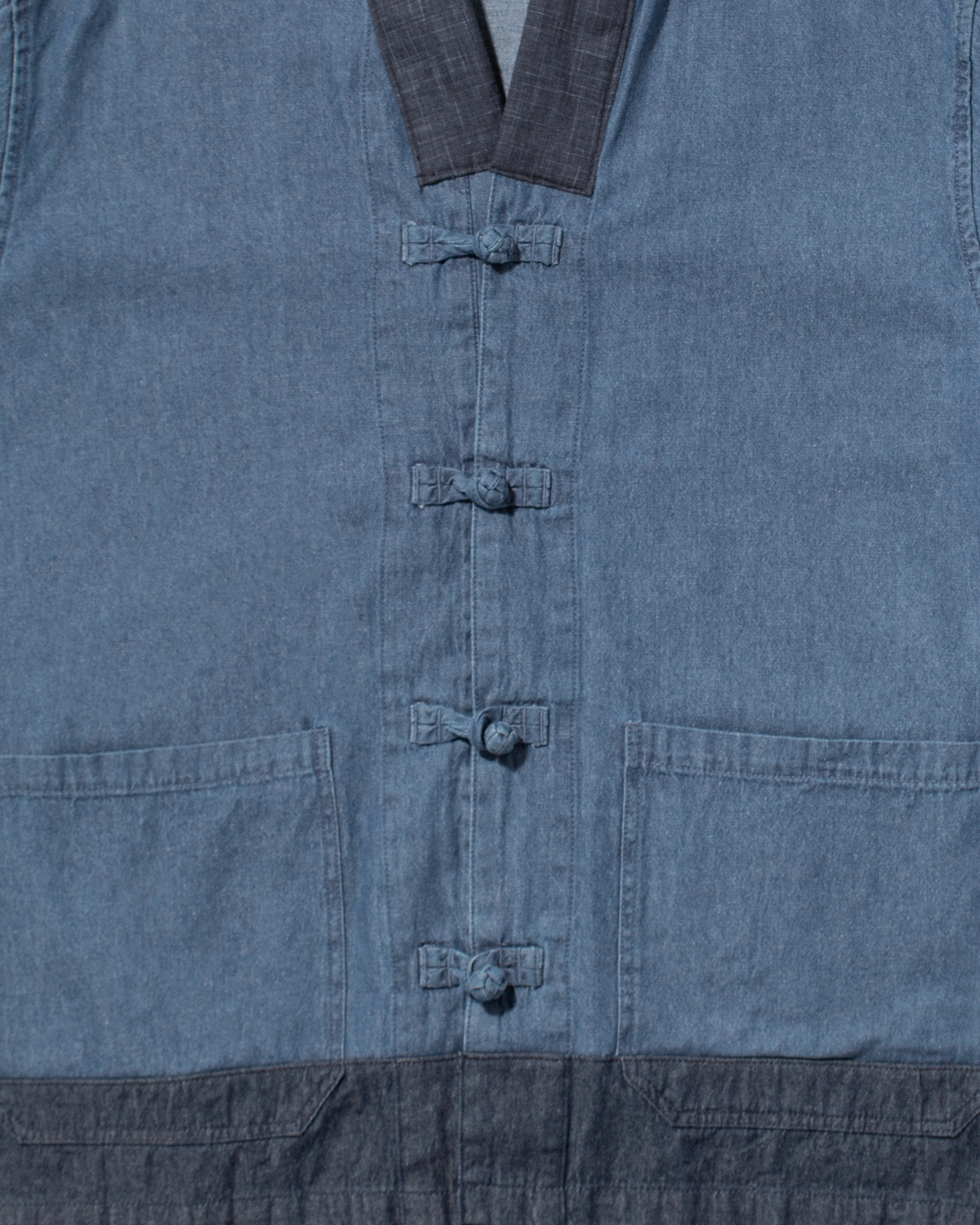 Kiriko Original Two Tone Denim Jacket, Mandarin Style, Light Indigo with Dark Indigo