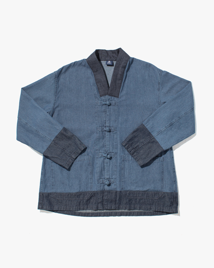 Kiriko Original Two Tone Denim Jacket, Mandarin Style, Light Indigo with Dark Indigo