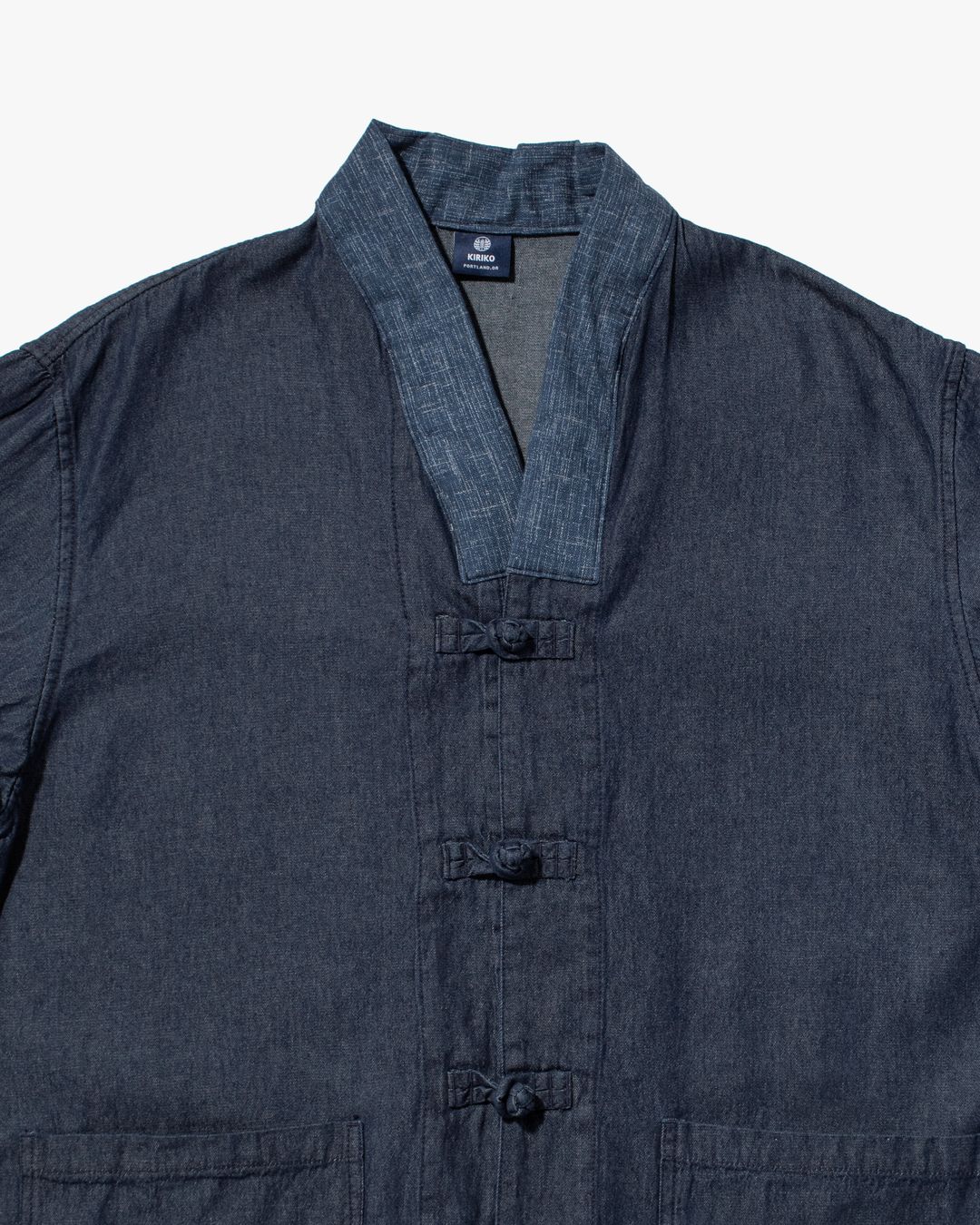 Kiriko Original Two Tone Denim Jacket, Mandarin Style, Dark Indigo with Light Indigo