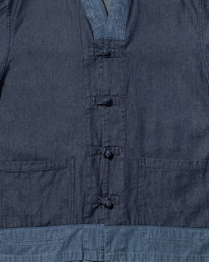 Kiriko Original Two Tone Denim Jacket, Mandarin Style, Dark Indigo with Light Indigo