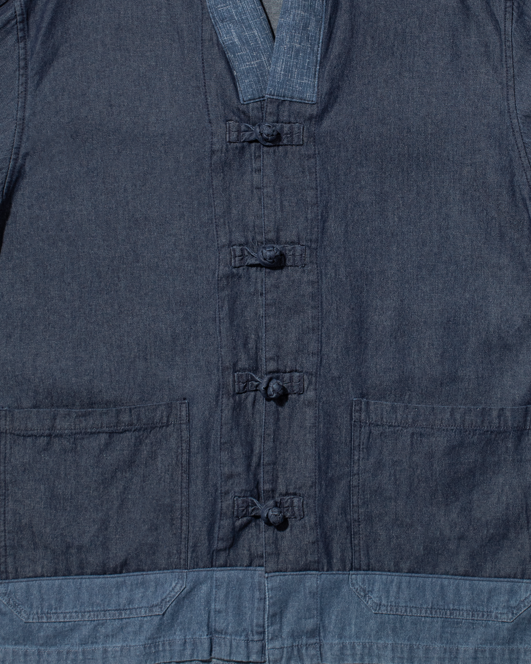 Kiriko Original Two Tone Denim Jacket, Mandarin Style, Dark Indigo with Light Indigo
