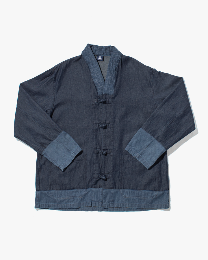 Kiriko Original Two Tone Denim Jacket, Mandarin Style, Dark Indigo with Light Indigo