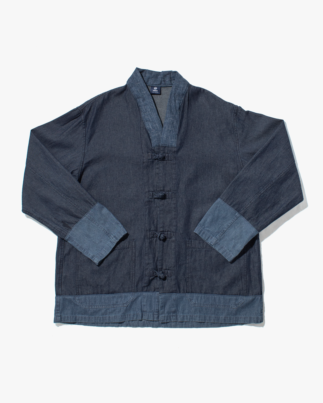 Kiriko Original Two Tone Denim Jacket, Mandarin Style, Dark Indigo with Light Indigo