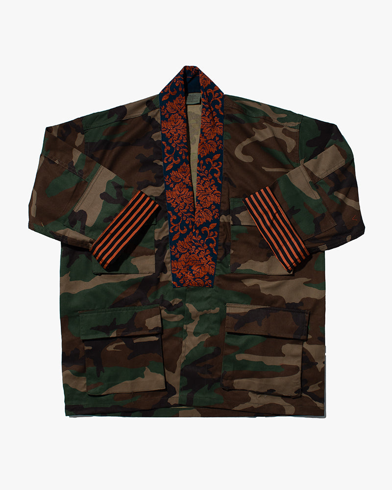 Kiriko Custom Military Jacket, Camo Patched, Circular Gold Crane