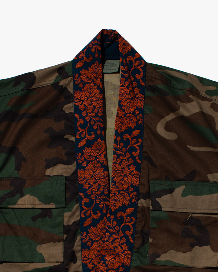Kiriko Custom Military Jacket, Camo Patched, Circular Gold Crane