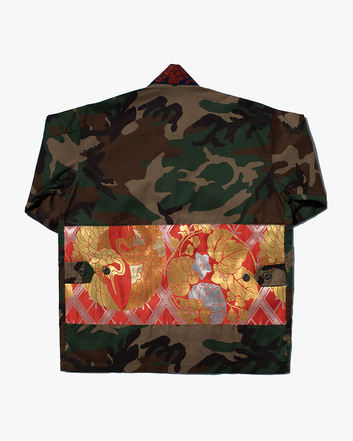 Kiriko Custom Military Jacket, Camo Patched, Circular Gold Crane