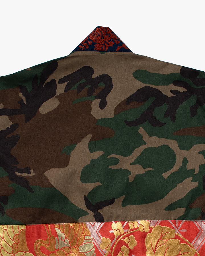 Kiriko Custom Military Jacket, Camo Patched, Circular Gold Crane