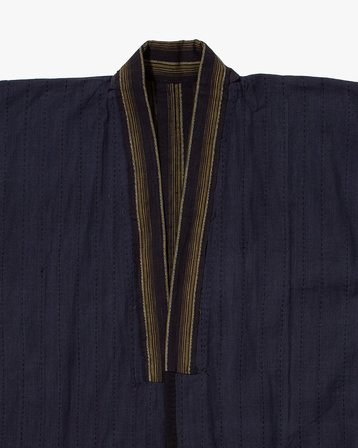 Vintage Noragi Jacket, Partially Sashiko Stitched, Indigo with Yellow Stripes