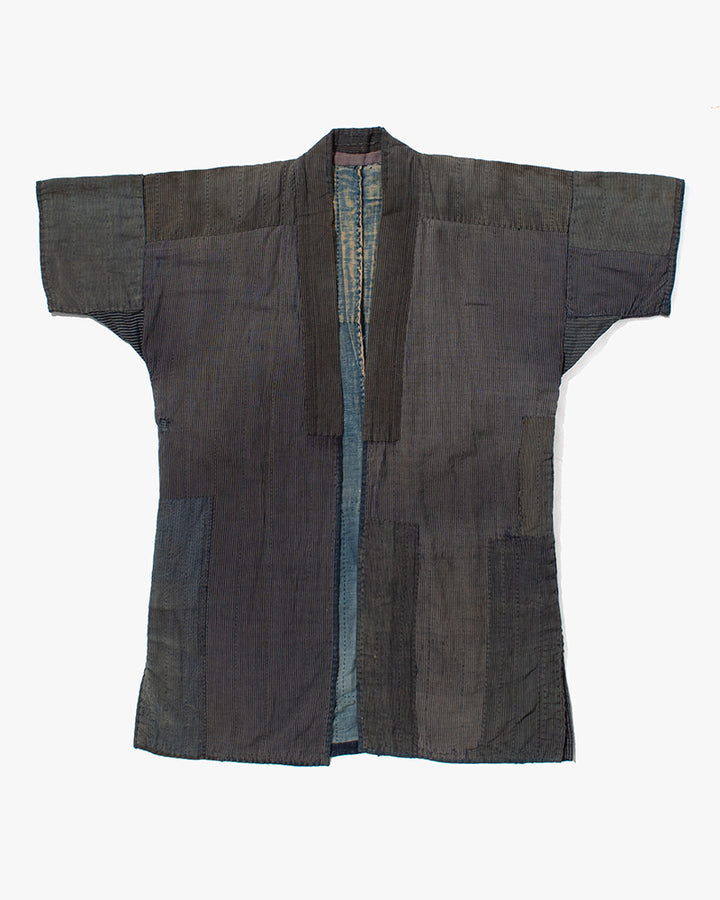 Vintage Noragi Jacket, Fully Sashiko Stitched, Indigo with Striped Details