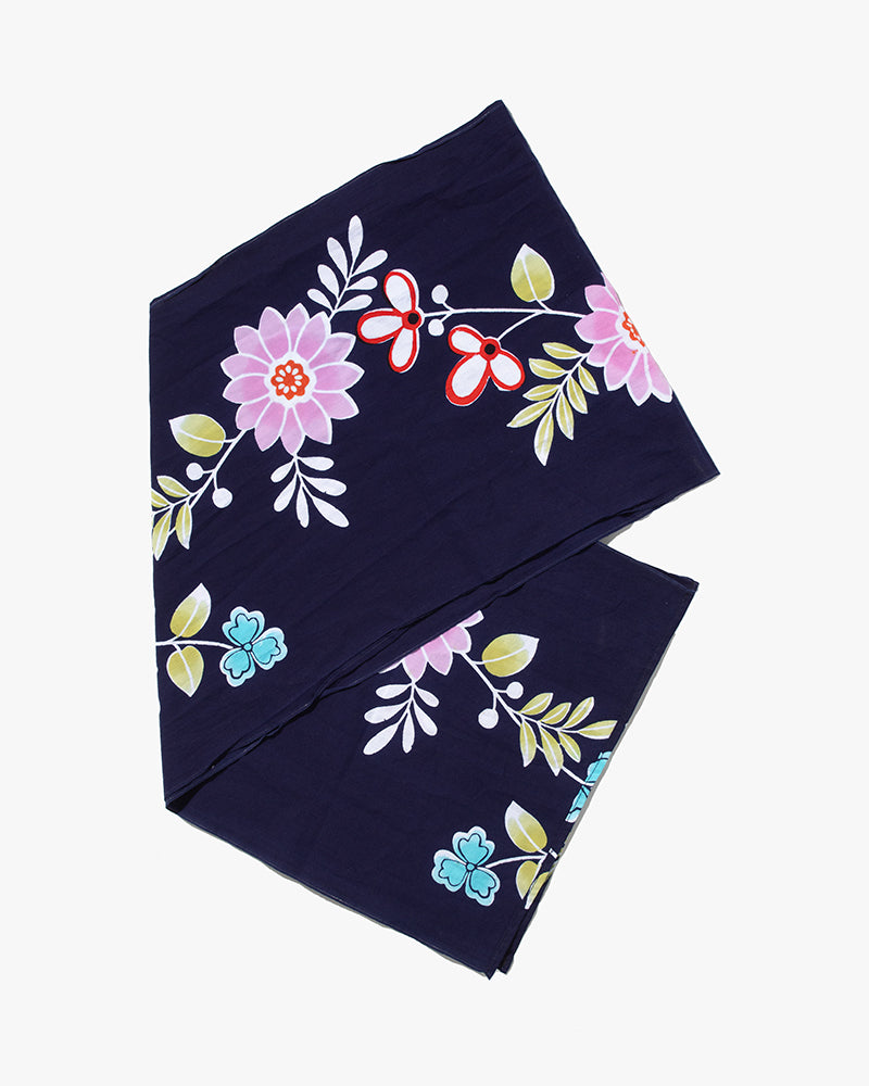 Kiriko Original Scarf, Kiji, Yukata, Navy Five Pink and Blue Flowers