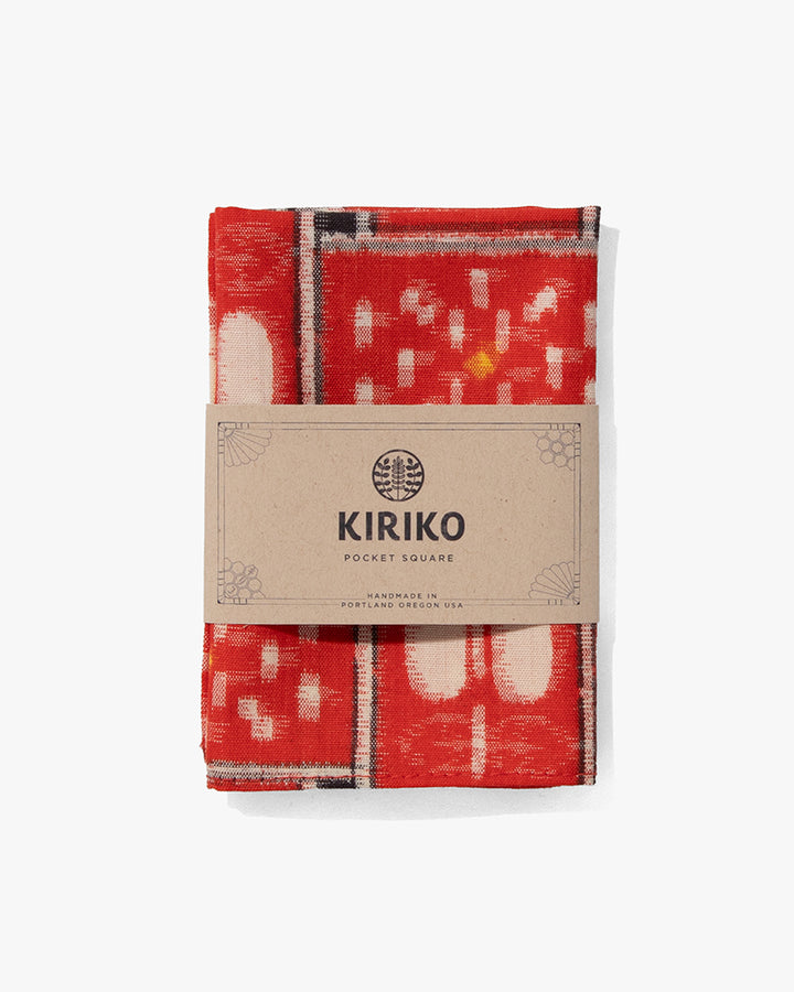 Kiriko Original Pocket Square, Kasuri Abstract flower with Red Basket Weave