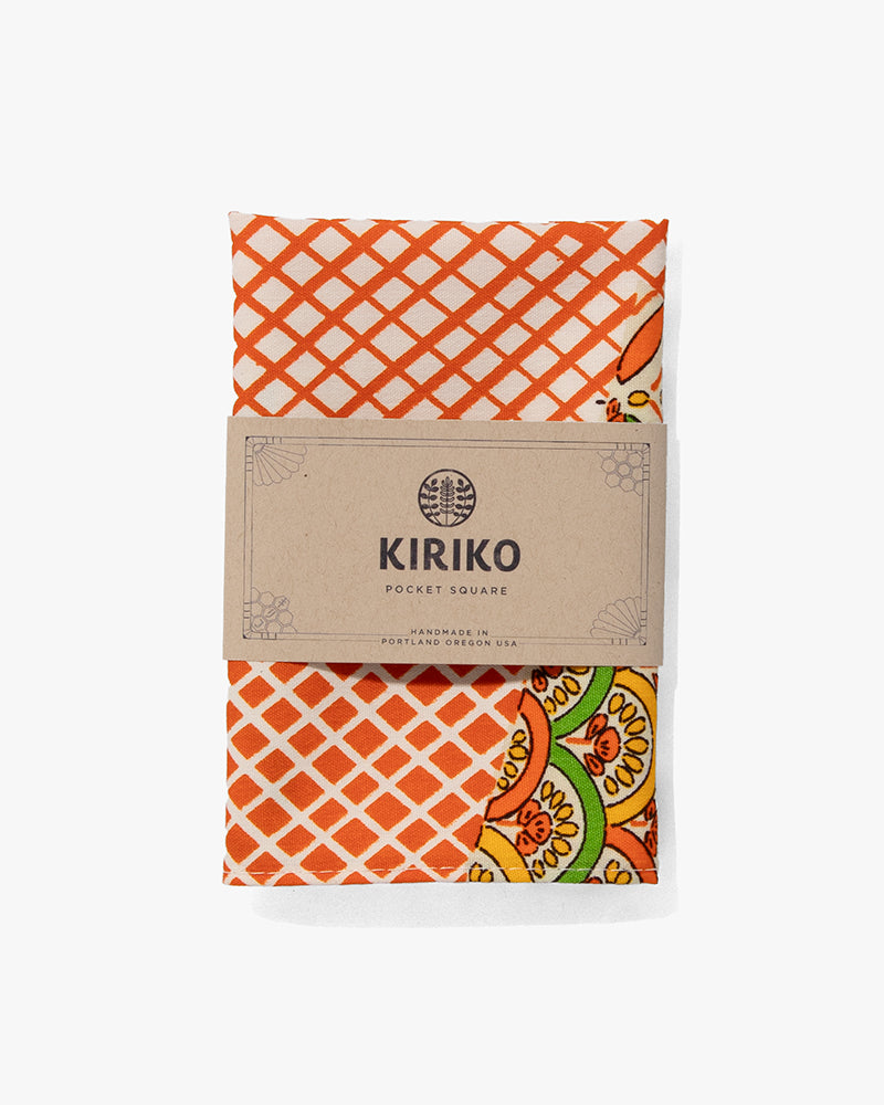 Kiriko Original Pocket Square, Orange with Multi Seigaiha and Hanabishi Shippou