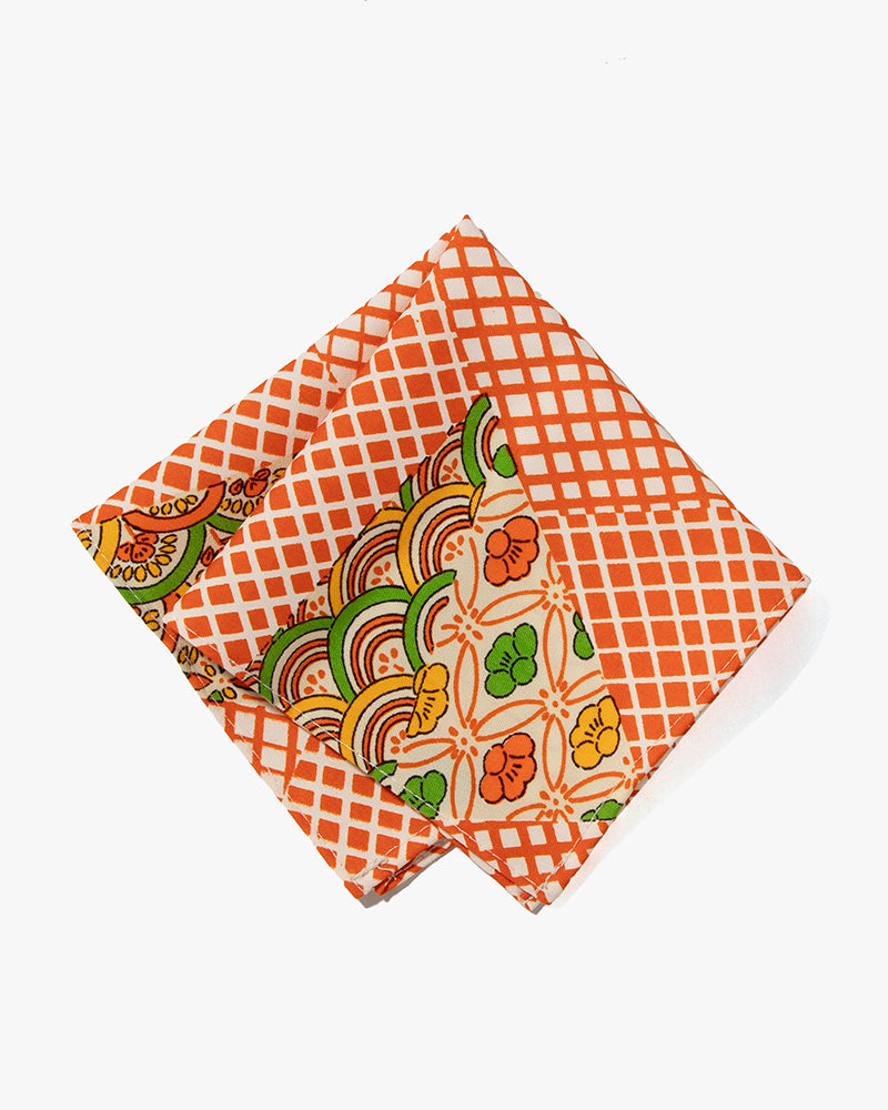 Kiriko Original Pocket Square, Orange with Multi Seigaiha and Hanabishi Shippou