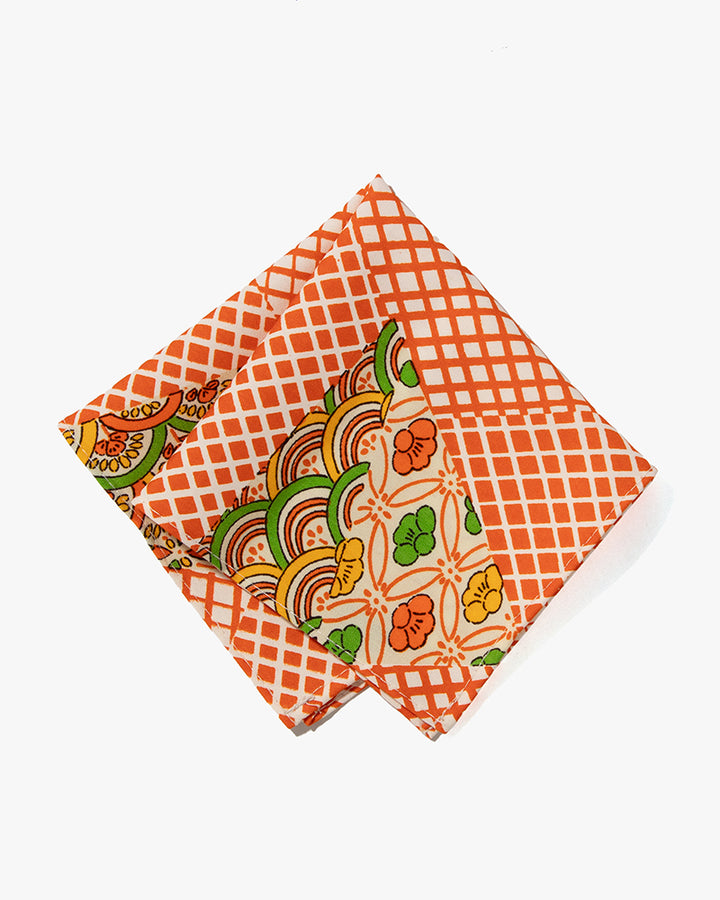 Kiriko Original Pocket Square, Orange with Multi Seigaiha and Hanabishi Shippou