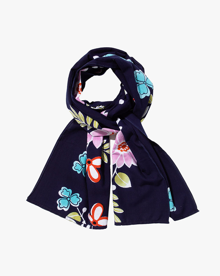 Kiriko Original Scarf, Kiji, Yukata, Navy Five Pink and Blue Flowers