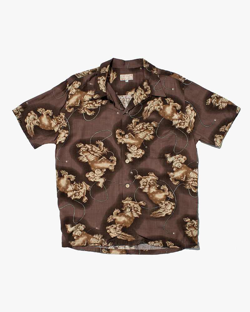 Japanese Repro Shirt, Short Sleeve Aloha Shirt, Hawaiian Aloha Tropical Brand, Brown with Lions - LL