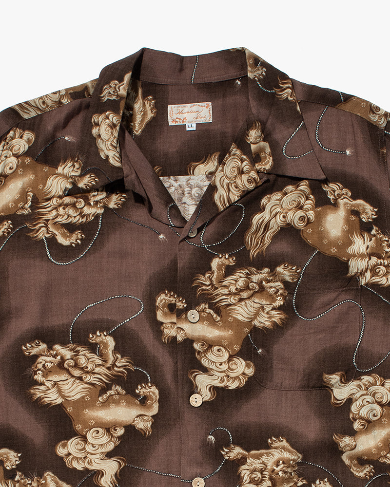 Japanese Repro Shirt, Short Sleeve Aloha Shirt, Hawaiian Aloha Tropical Brand, Brown with Lions - LL