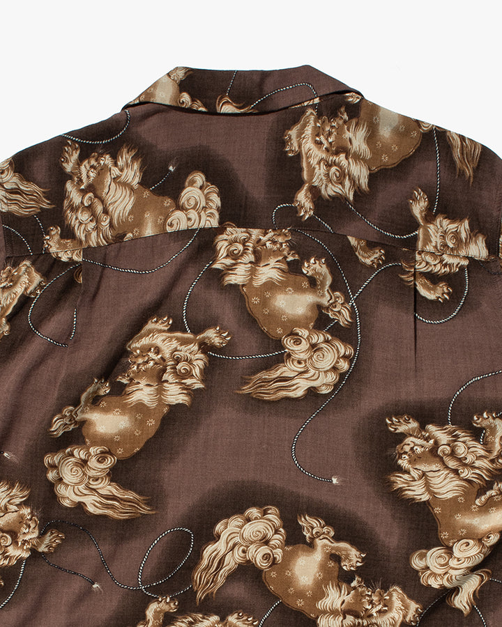 Japanese Repro Shirt, Short Sleeve Aloha Shirt, Hawaiian Aloha Tropical Brand, Brown with Lions - LL