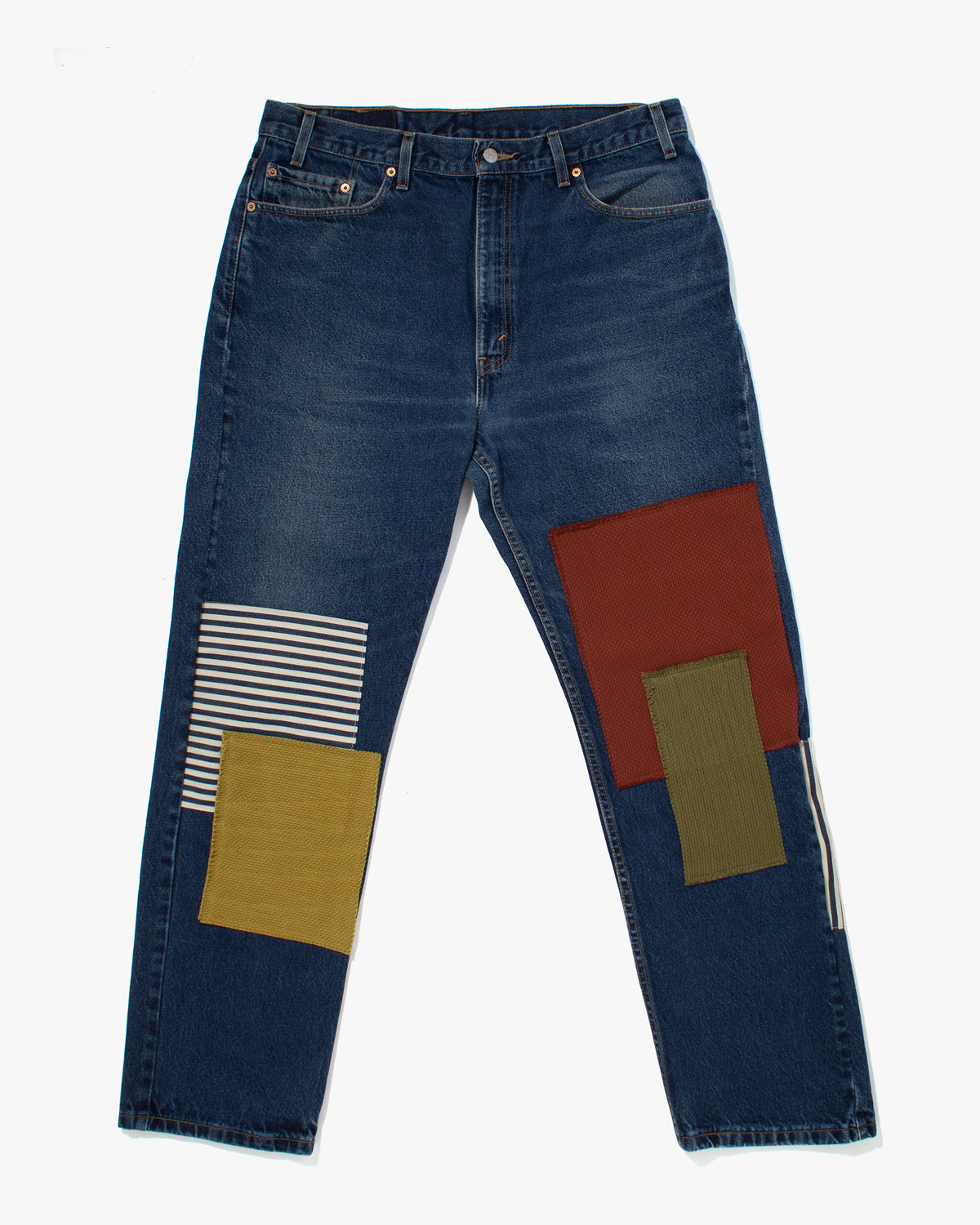 Custom patched denim jeans by Kiriko Made