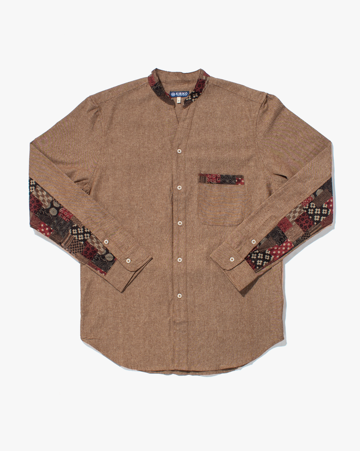 Kiriko Original Shirt, Long Sleeve Button-Up, Oversized Mandarin Collar, Amber Chambray with Azuki Patchwork Style