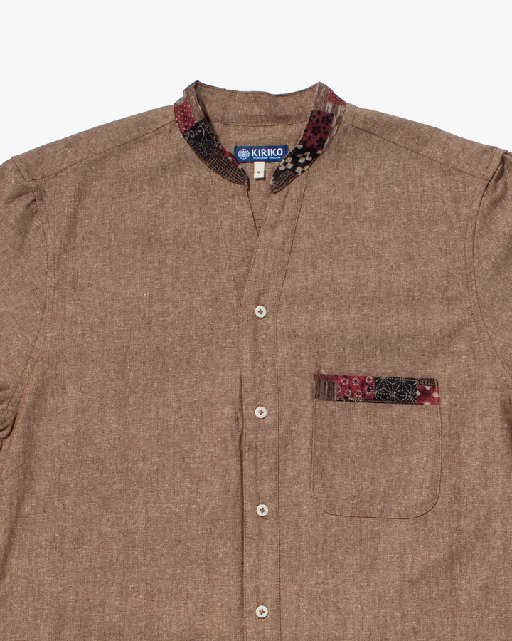 Kiriko Original Shirt, Long Sleeve Button-Up, Oversized Mandarin Collar, Amber Chambray with Azuki Patchwork Style