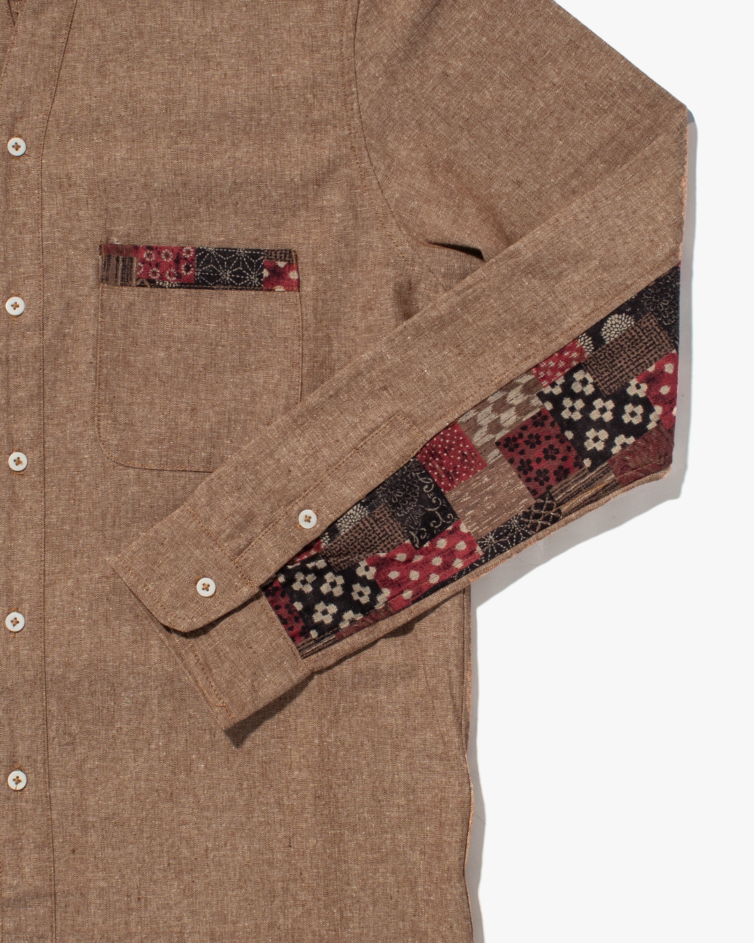 Kiriko Original Shirt, Long Sleeve Button-Up, Oversized Mandarin Collar, Amber Chambray with Azuki Patchwork Style