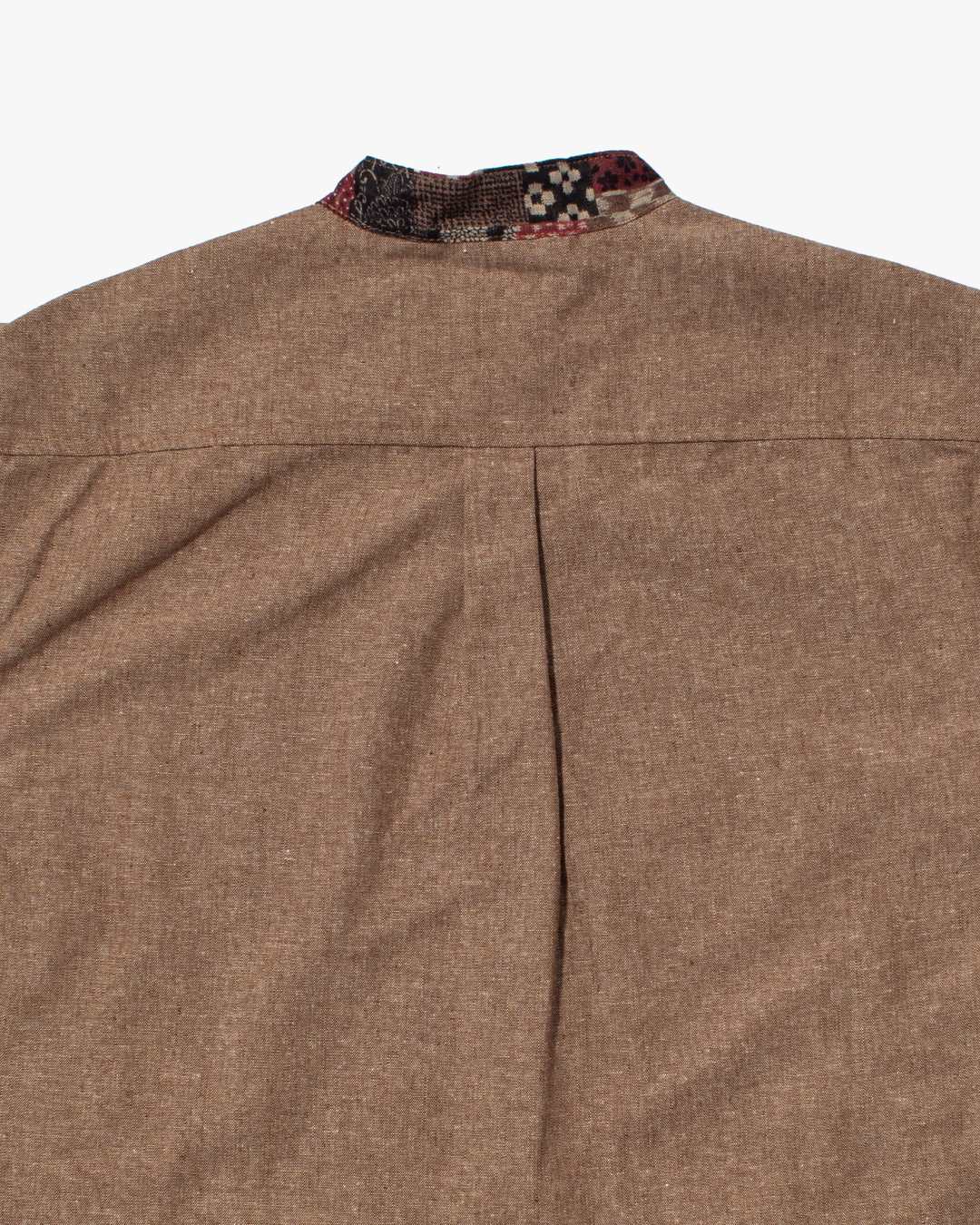 Kiriko Original Shirt, Long Sleeve Button-Up, Oversized Mandarin Collar, Amber Chambray with Azuki Patchwork Style