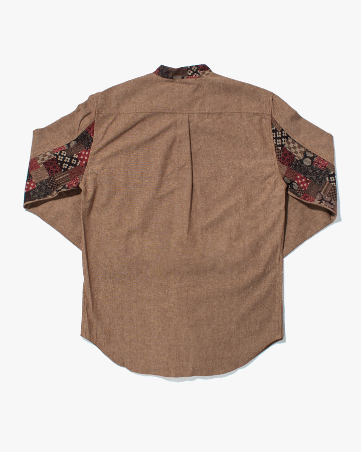 Kiriko Original Shirt, Long Sleeve Button-Up, Oversized Mandarin Collar, Amber Chambray with Azuki Patchwork Style