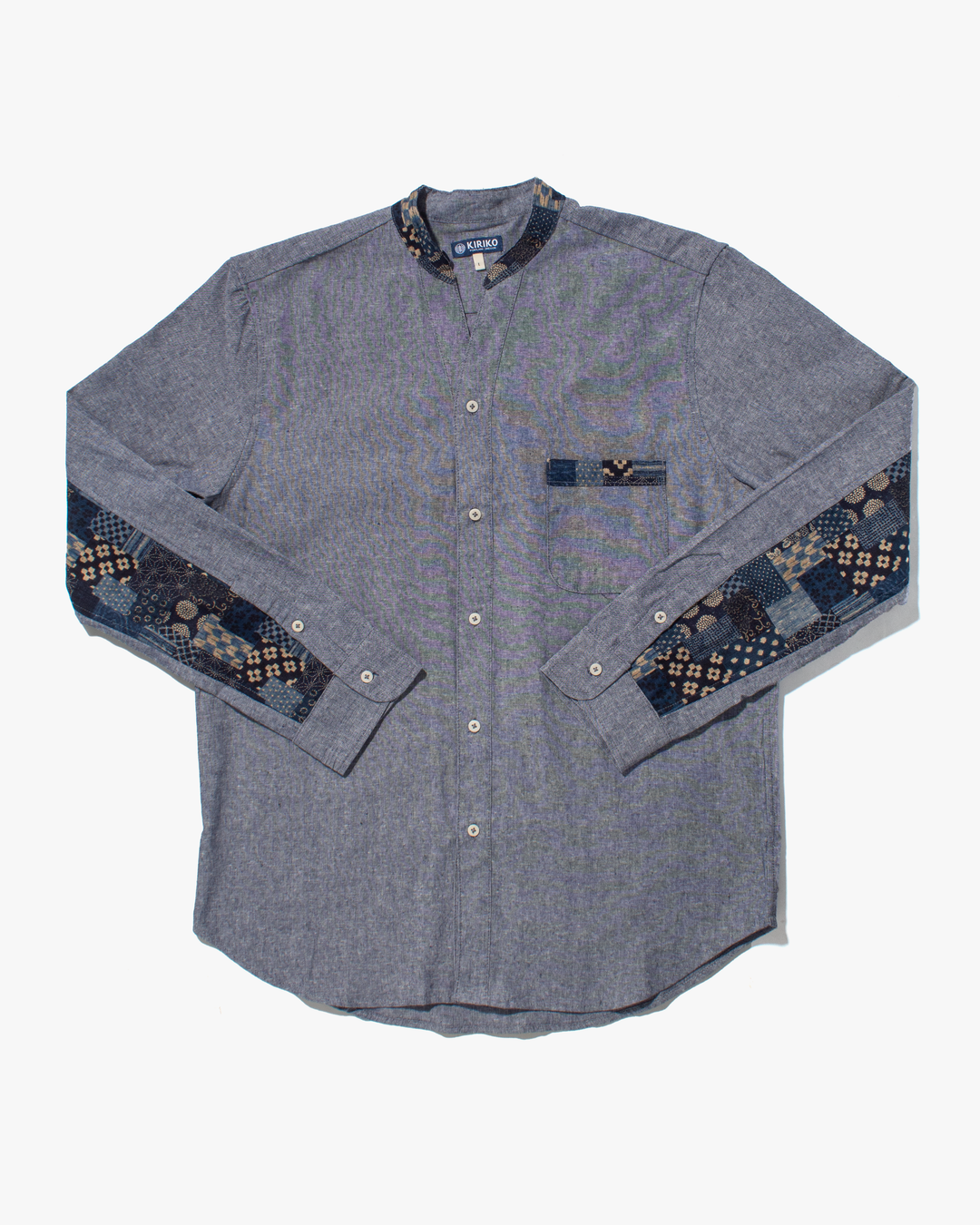 Kiriko Original Shirt, Long Sleeve Button-Up, Oversized Mandarin Collar, Indigo Chambray with Indigo Patchwork Style