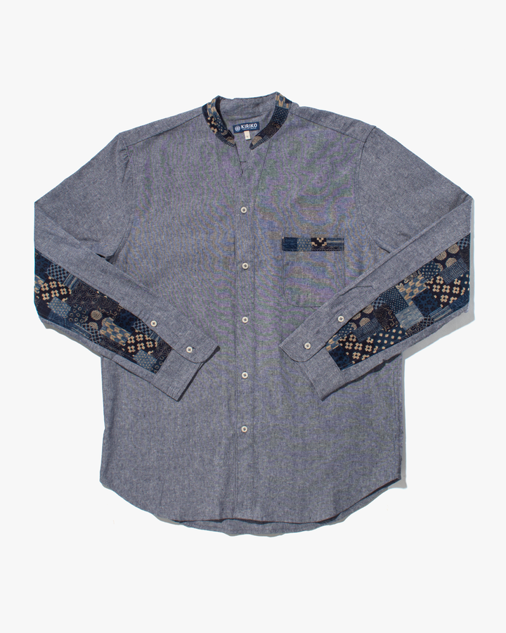 Kiriko Original Shirt, Long Sleeve Button-Up, Oversized Mandarin Collar, Indigo Chambray with Indigo Patchwork Style