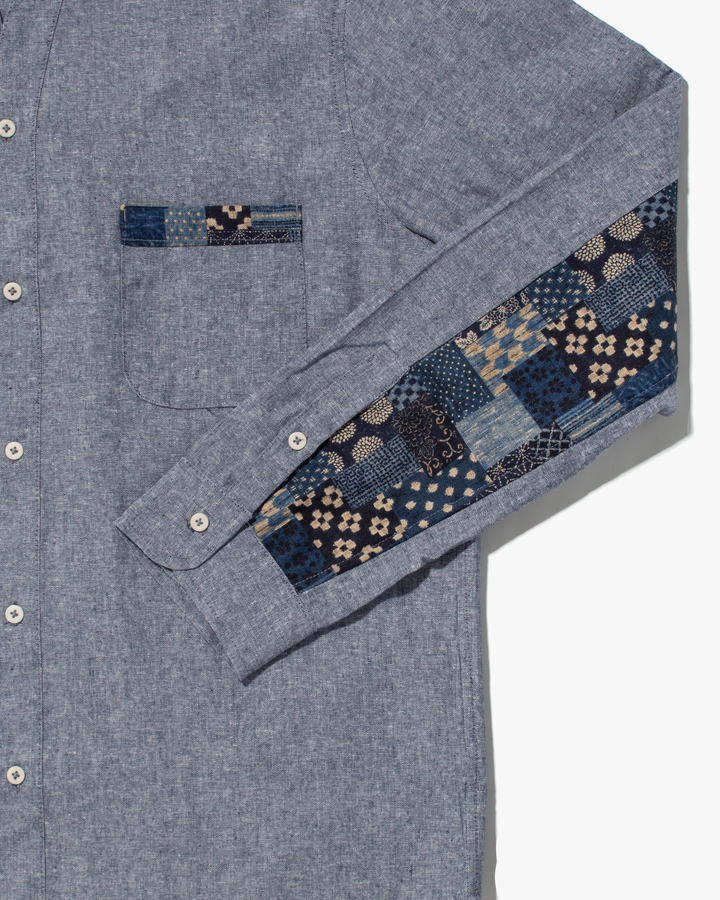 Kiriko Original Shirt, Long Sleeve Button-Up, Oversized Mandarin Collar, Indigo Chambray with Indigo Patchwork Style