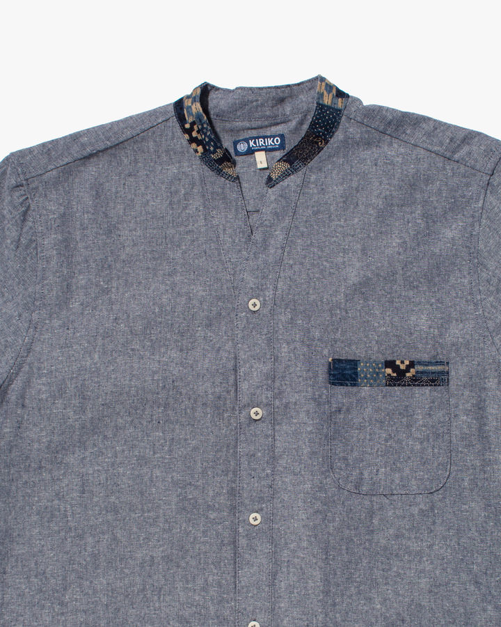 Kiriko Original Shirt, Long Sleeve Button-Up, Oversized Mandarin Collar, Indigo Chambray with Indigo Patchwork Style