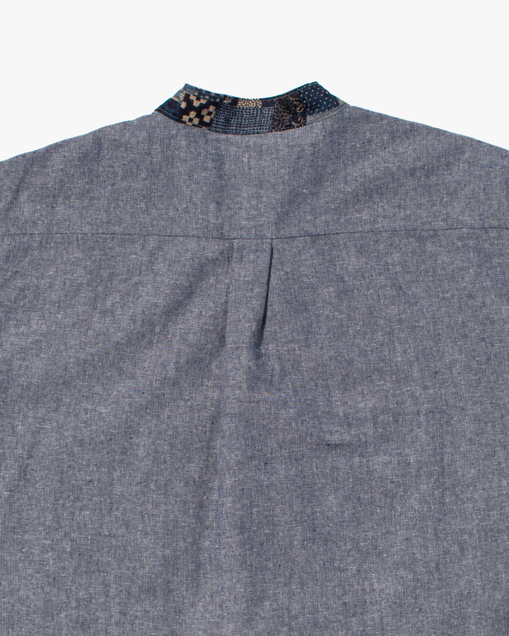 Kiriko Original Shirt, Long Sleeve Button-Up, Oversized Mandarin Collar, Indigo Chambray with Indigo Patchwork Style