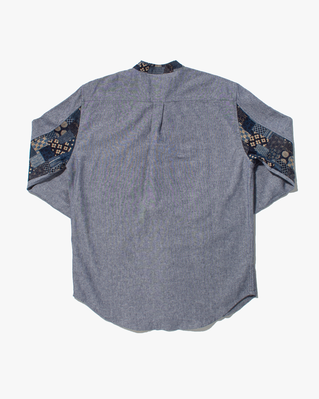 Kiriko Original Shirt, Long Sleeve Button-Up, Oversized Mandarin Collar, Indigo Chambray with Indigo Patchwork Style