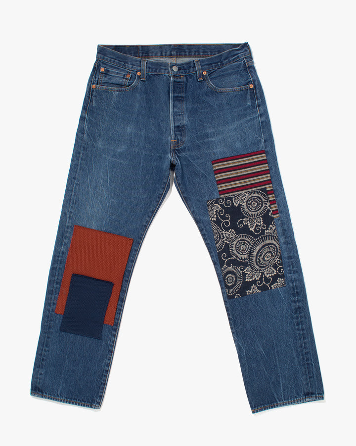 Custom patched denim jeans by Kiriko Made