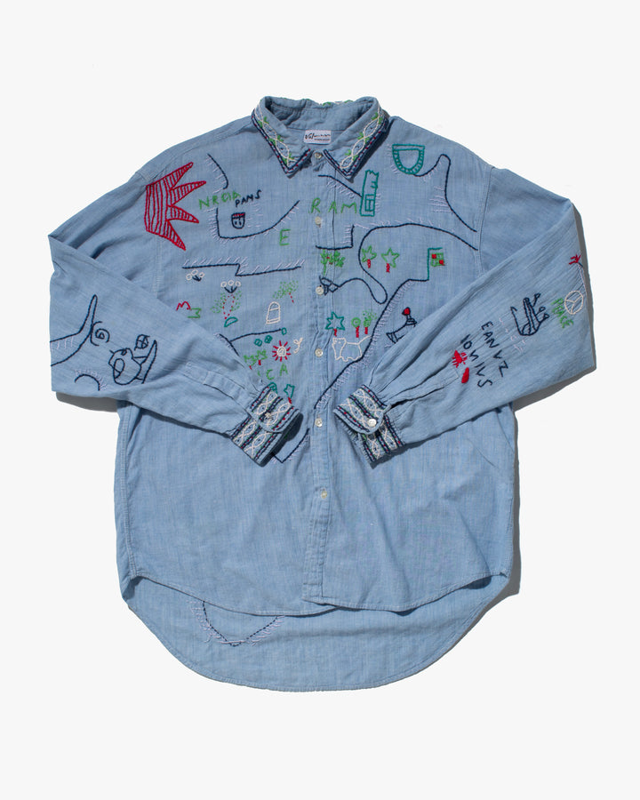 Japanese Repro Button Up Shirt, Valman, Chambray with Colorful Embroidery - M