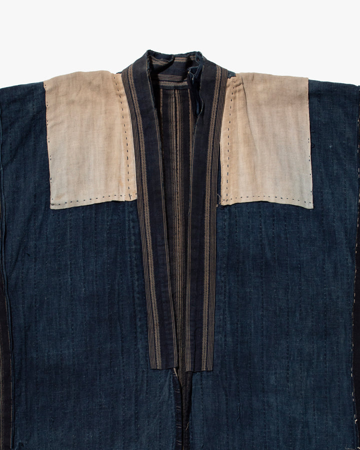 Vintage Noragi Jacket, Fully Sashiko Stitched, Multi-Stripe Faded Indigo