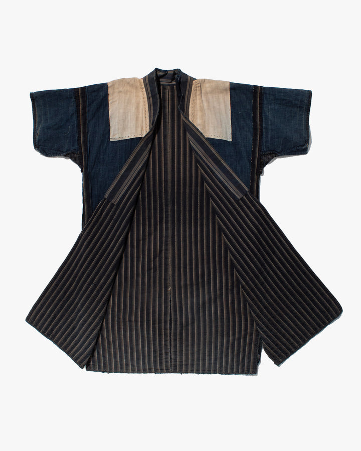 Vintage Noragi Jacket, Fully Sashiko Stitched, Multi-Stripe Faded Indigo
