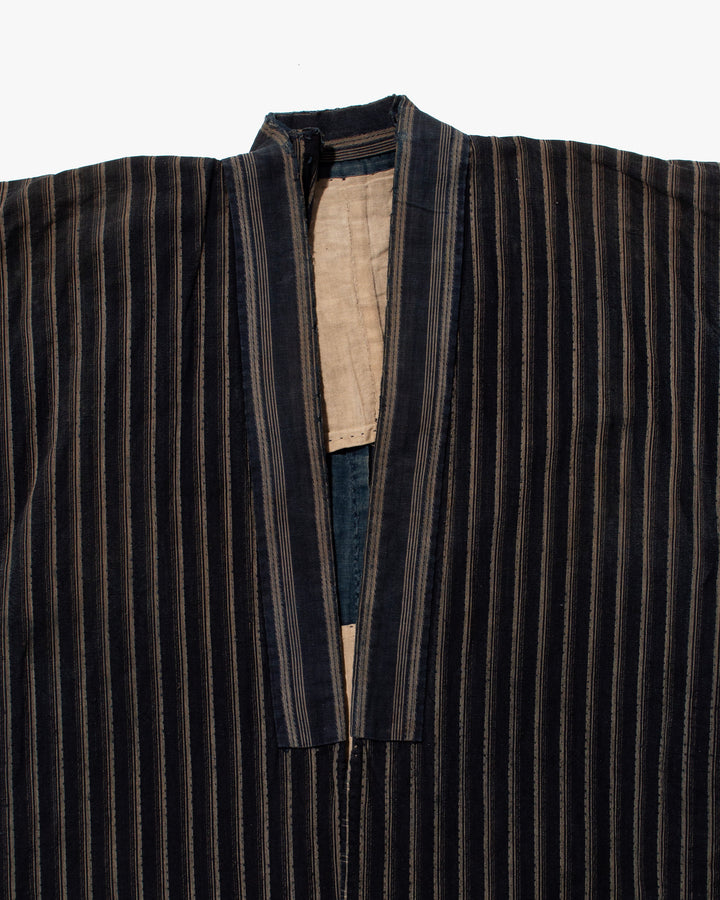 Vintage Noragi Jacket, Fully Sashiko Stitched, Multi-Stripe Faded Indigo