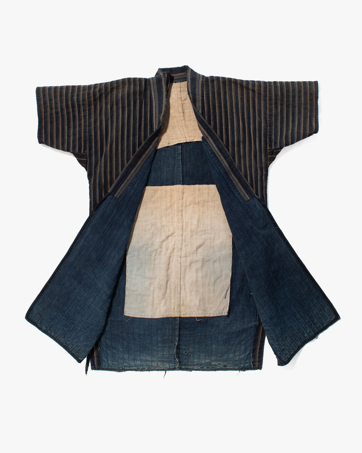 Vintage Noragi Jacket, Fully Sashiko Stitched, Multi-Stripe Faded Indigo
