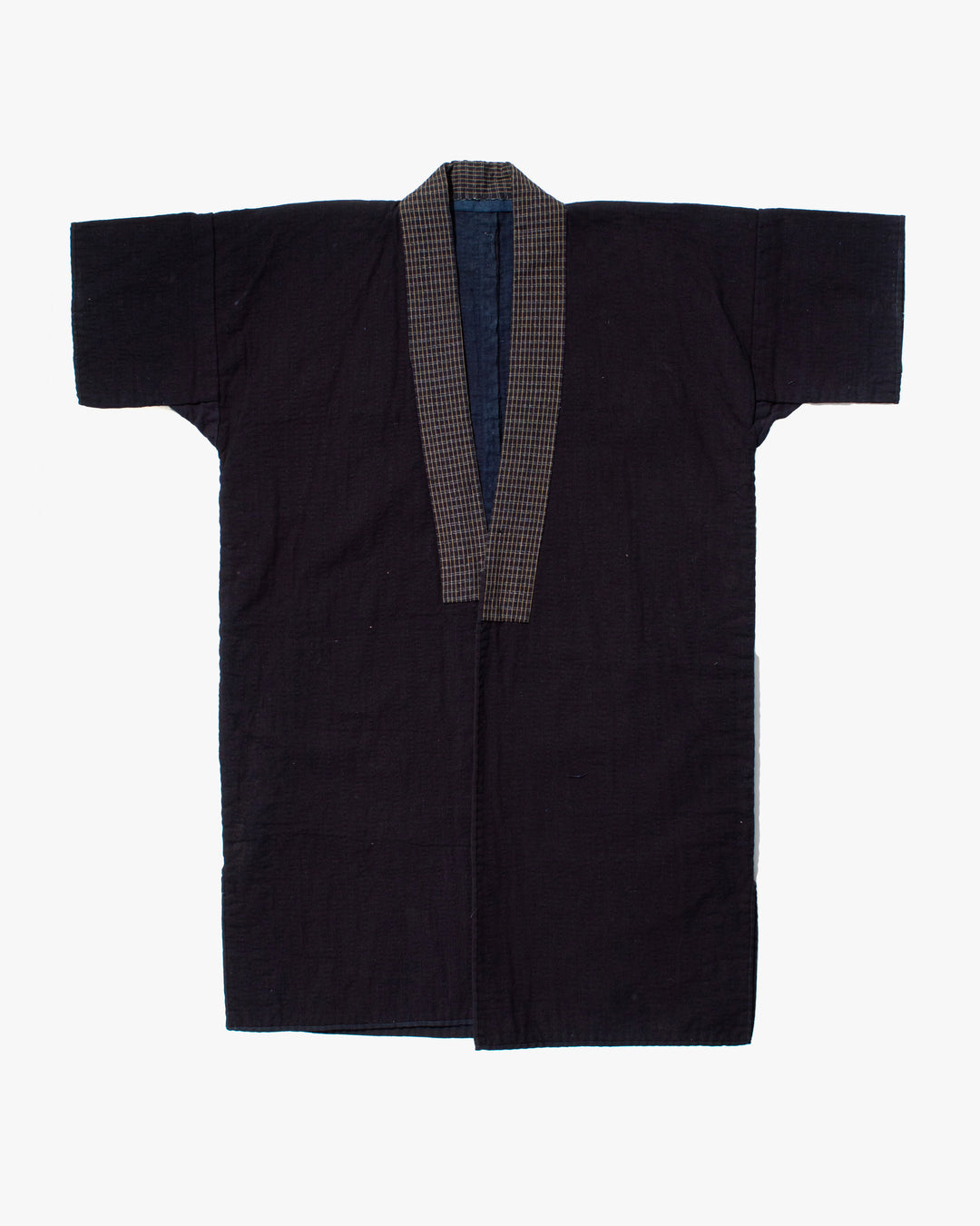 Vintage Noragi Jacket, Fully Sashiko Stitched, Dark Indigo with Yellow Plaid Collar