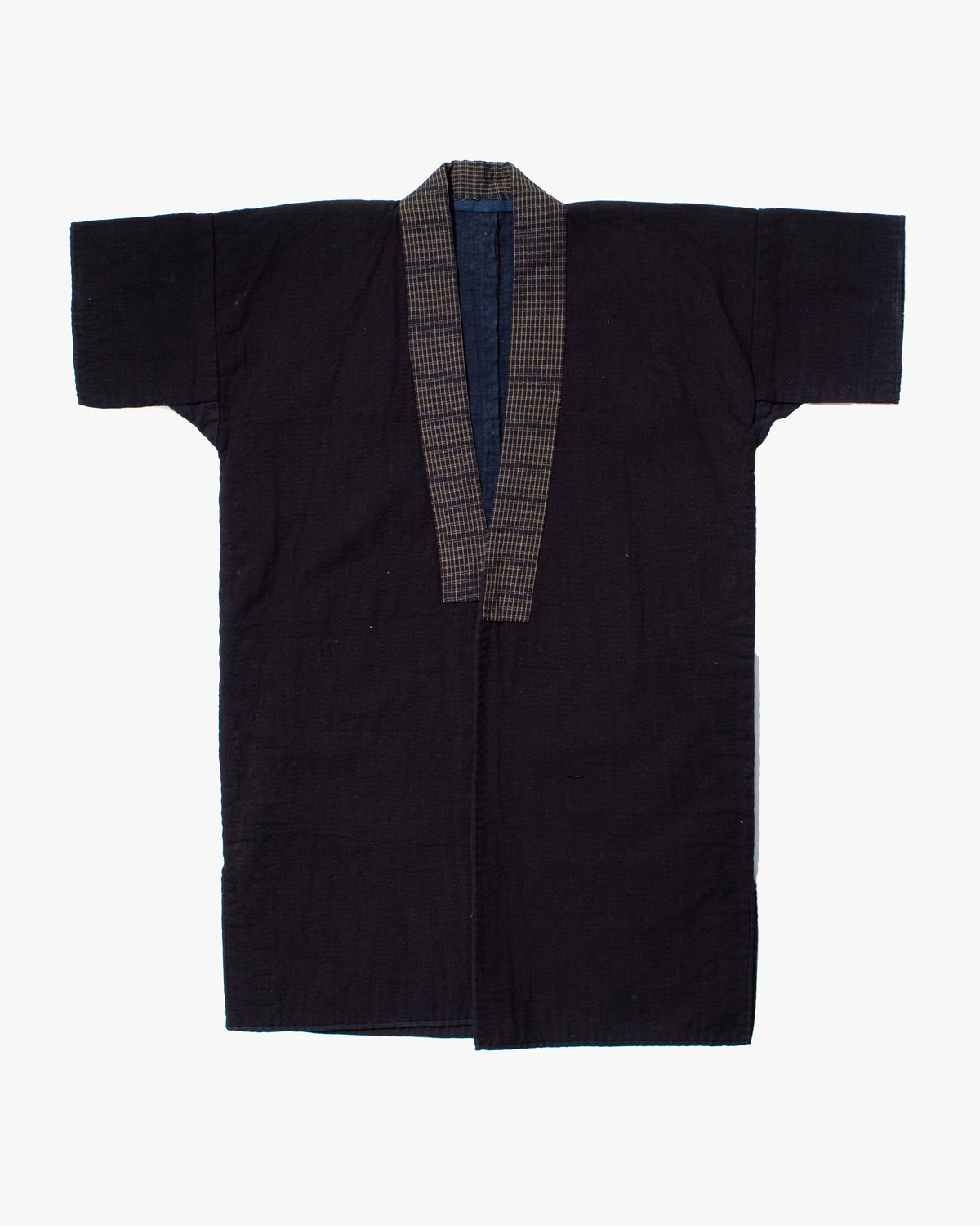 Vintage Noragi Jacket, Fully Sashiko Stitched, Dark Indigo with Yellow Plaid Collar